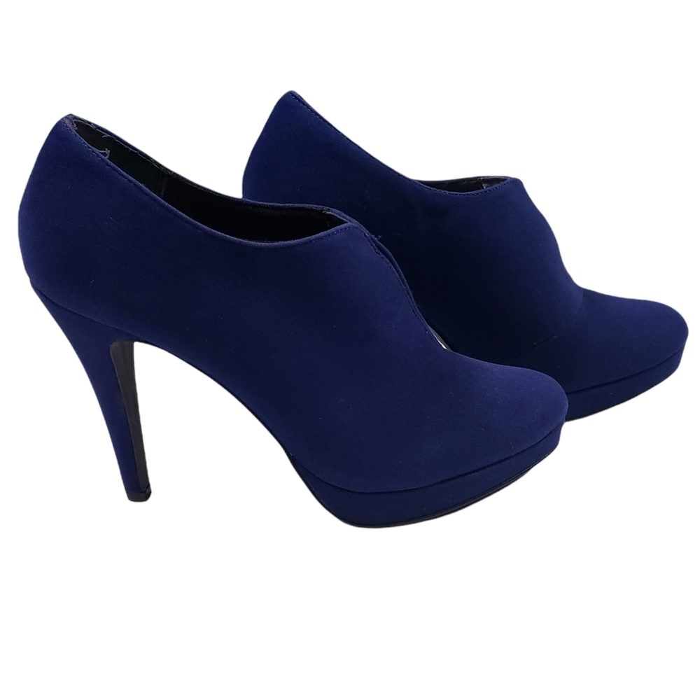 Navy Blue Faux Suede Ankle Boots Size 8.5 Hidden Platform Stretch Strap Booties